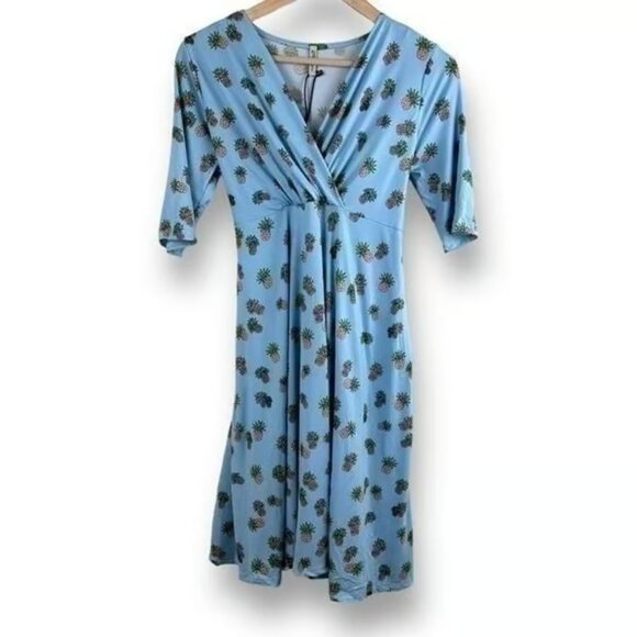 Mother Bee Womens Blue Pineapple Print V Neck Midi Stretch Maternity Dress NWT - Picture 1 of 4